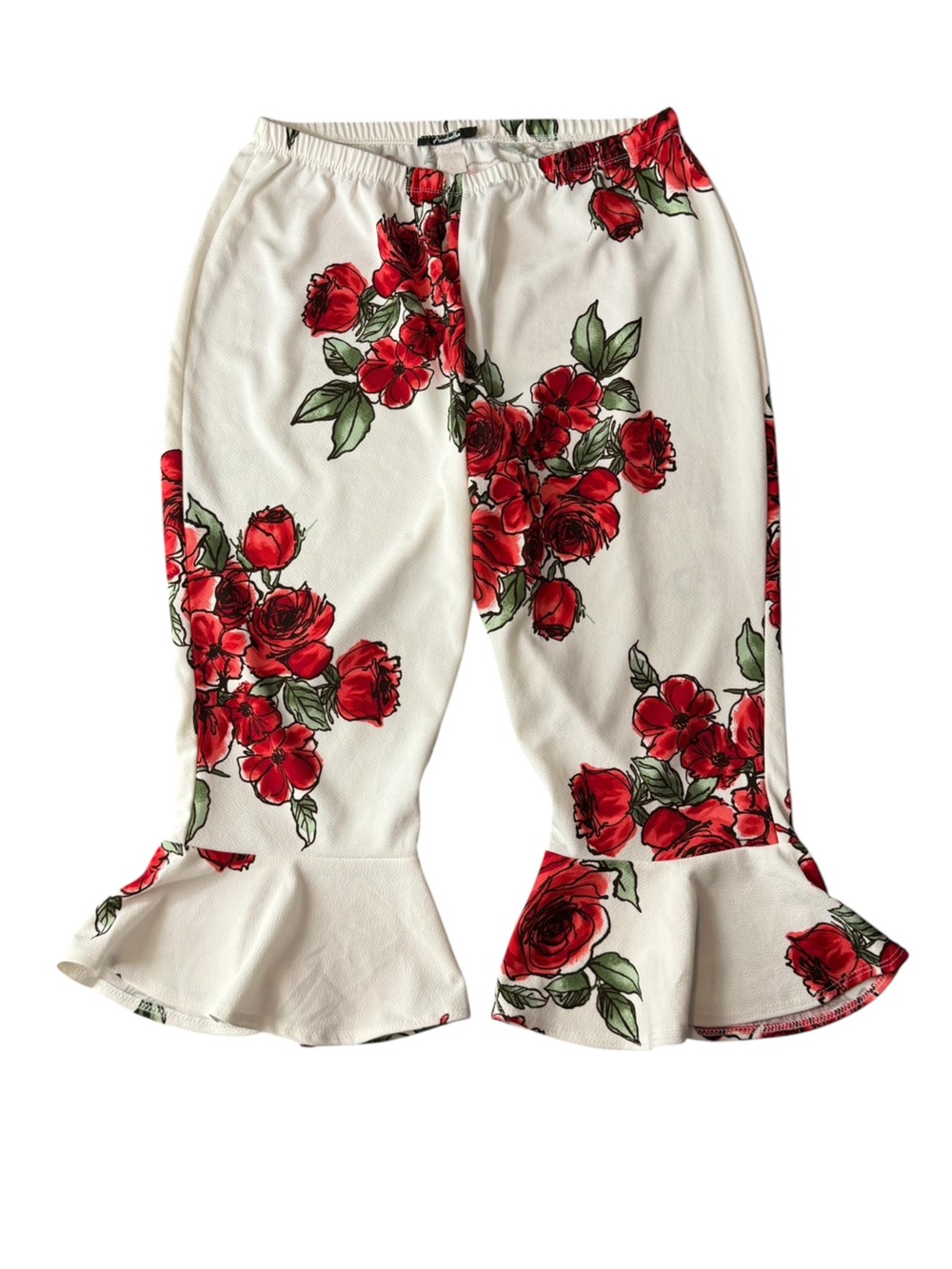 Arabella 3X Floral Ruffle Hem Capri Pants White Red Rose Stretch Cottagecore